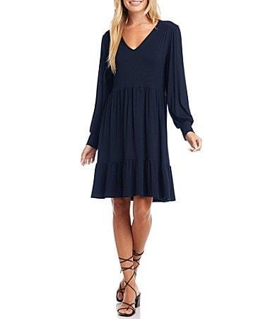 Karen Kane Petite Size Knit V-Neck Long Blouson Sleeve Tiered Shift Dress Product Image