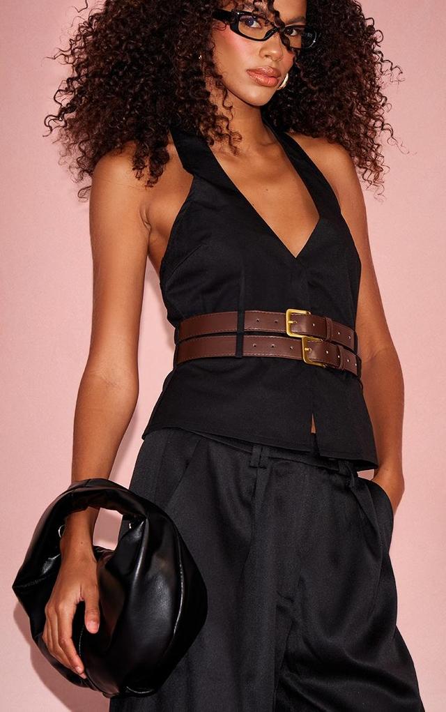 Black Halterneck Belt Detail Long Top Product Image