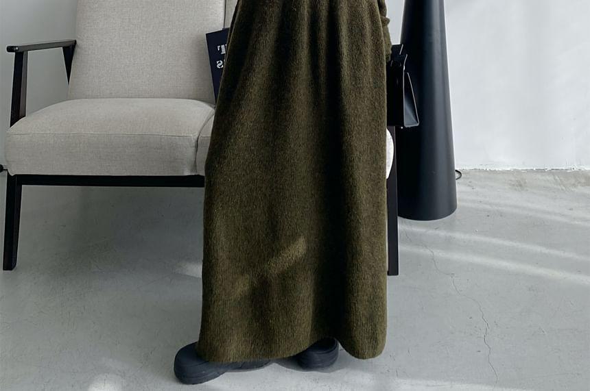 Turtleneck Plain Button Cardigan / High Rise Plain Maxi A-Line Skirt Product Image