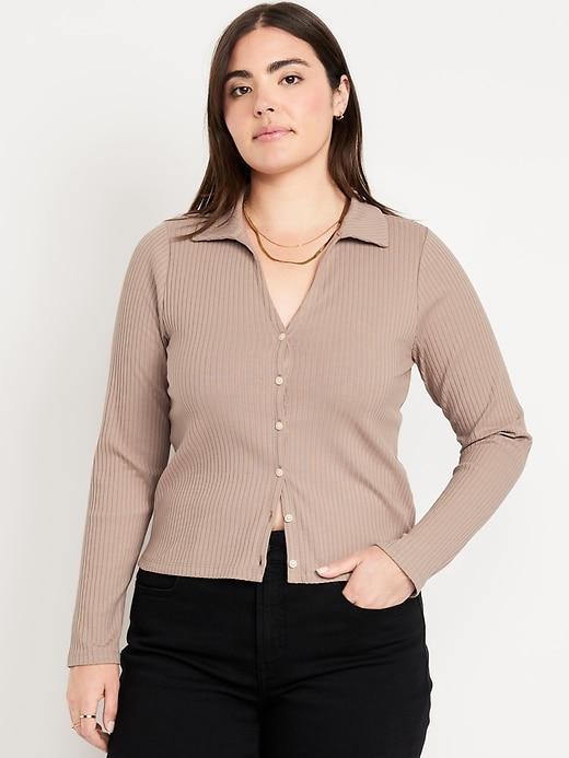 Slim Ribbed Button-Down Top Product Image