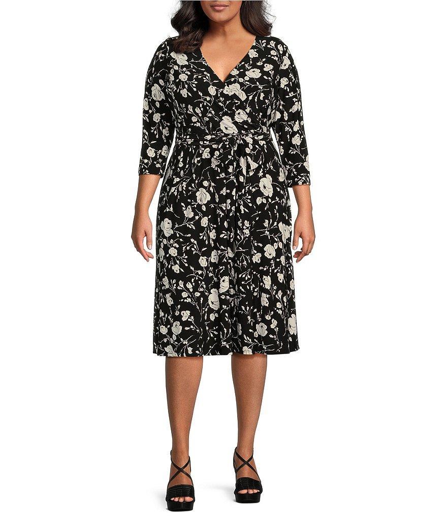 Lauren Ralph Lauren Plus Size Floral 3/4 Sleeve V-Neck Tie Waist Midi Dress Product Image