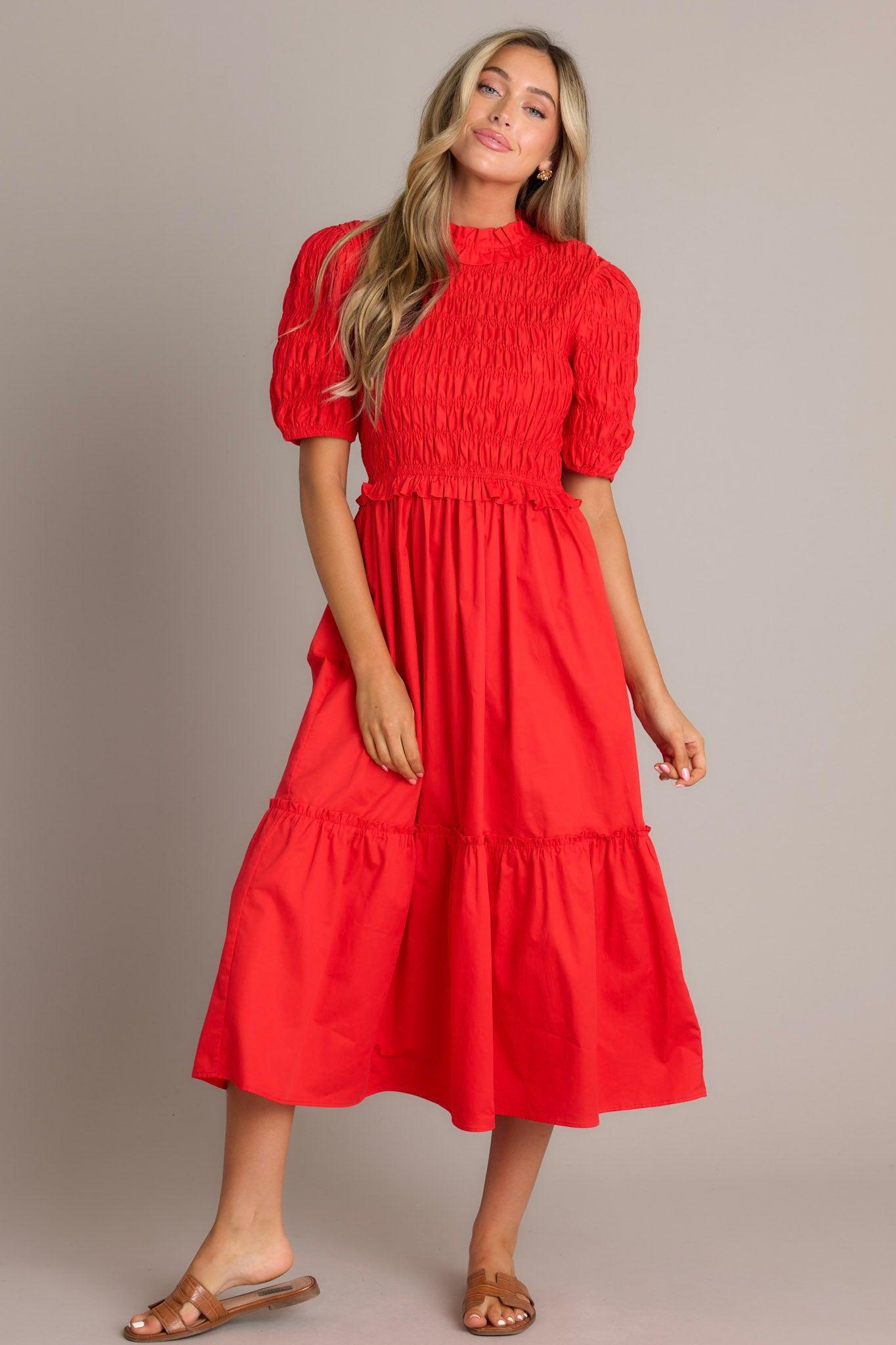 Scarlet Symphony Red Smocked Midi Dress Product Image