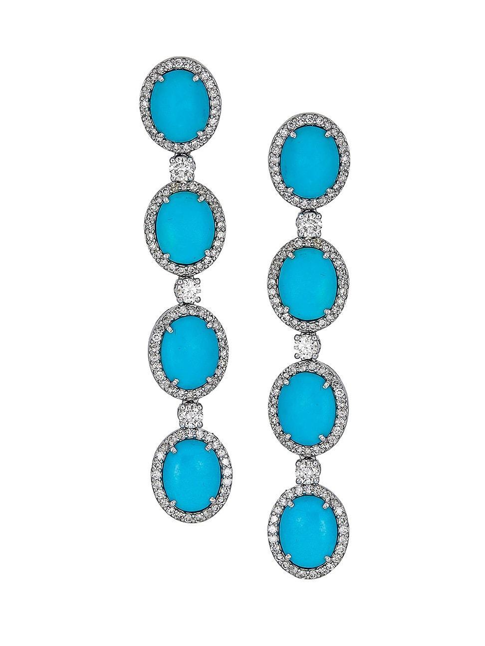 Womens 14K White Gold, Silver, Sleeping Beauty Turquoise & 2.17 TCW Diamond Drop Earrings Product Image