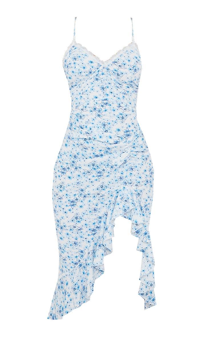 Blue Floral Print Lace Up Back Twist Detail Midi Dress Product Image