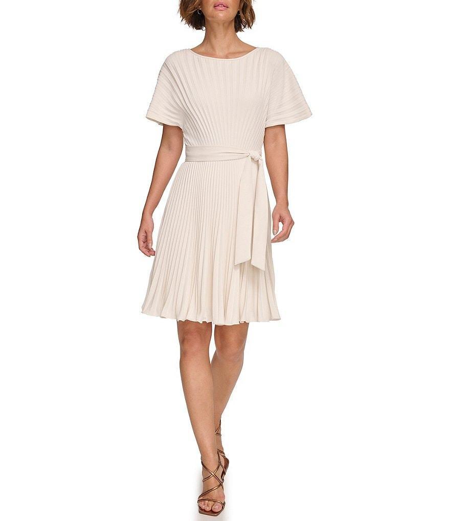 DKNY by Donna Karan Woven Fit And Flare Boat Neck Short Sleeve Tie Belt Pleated Knee Length Mini Dress Product Image