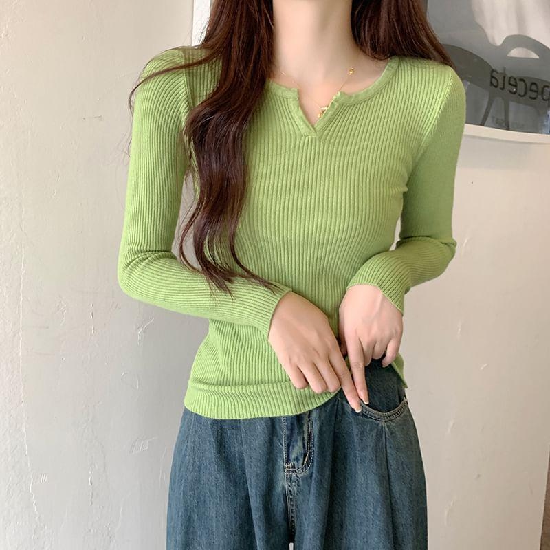 Notch Neck Plain Ribbed Sweater product image