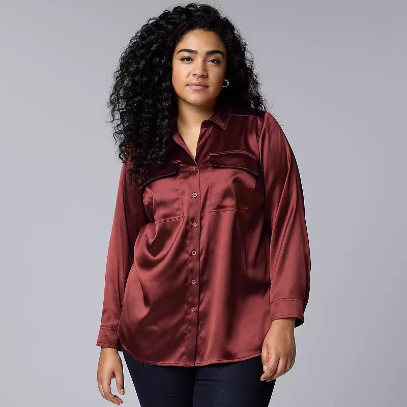 Plus Size Simply Vera Vera Wang Satin Utility Shirt, Womens Glazed Red Product Image