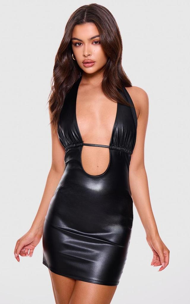 Black Faux Leather Plunge Bodycon Dress Product Image