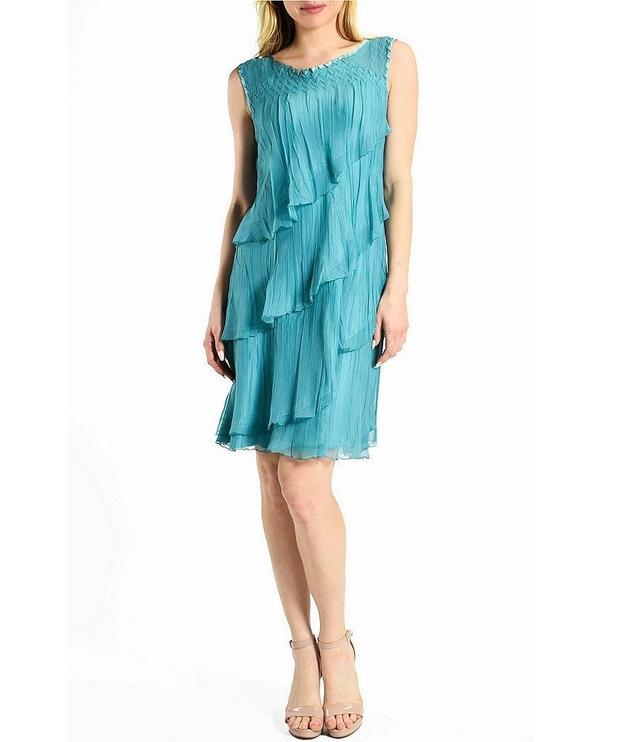 Komarov Chiffon Charmeuse Round Neck Sleeveless Pleated Asymmetrical Ruffle Tiered Dress Product Image