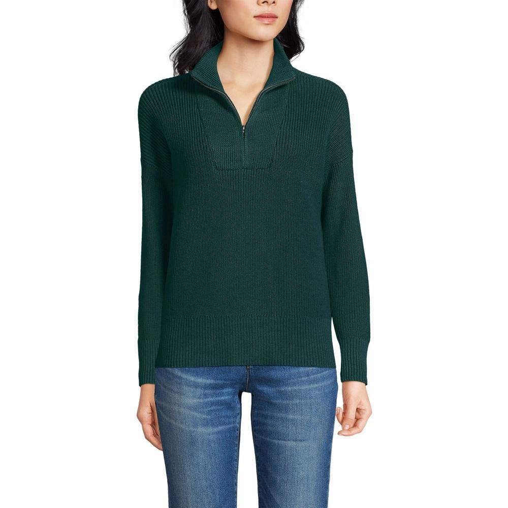 Lands' End Women's Petite Drifter Cotton Quarter Zip Pullover Sweater - Large - Deep Forest Product Image