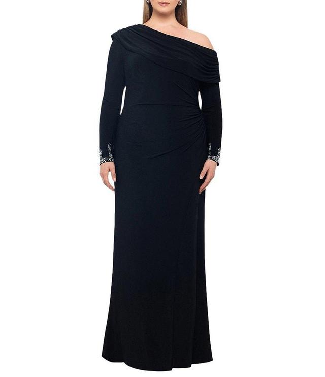 Betsy & Adam Plus Size Stretch Off-The-Shoulder Long Sleeve Beaded Cuff Ruched Waist Gown Product Image