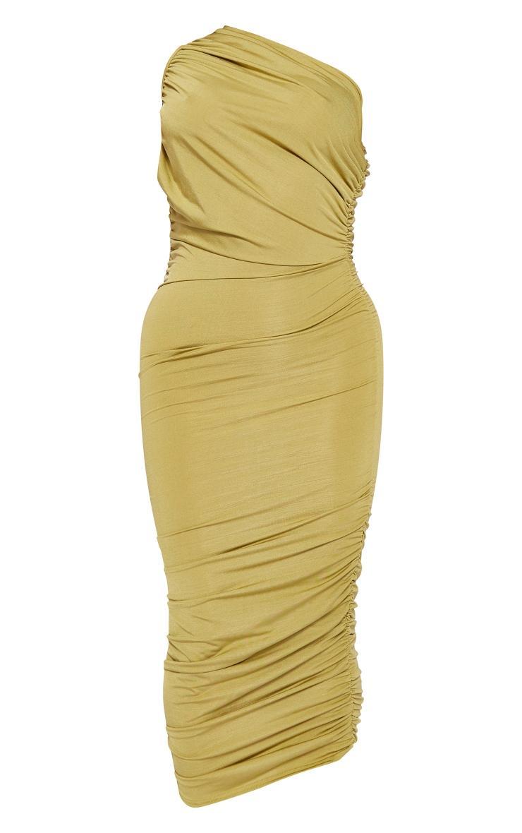 Olive Slinky Ruched One Shoulder Longline Midi Dress Product Image