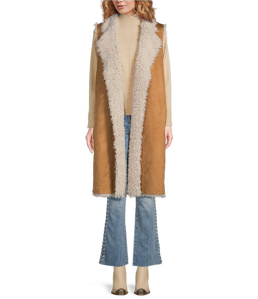 Talisman Wanderer Faux Suede Faux Fur Lined Open Front Long Vest Product Image