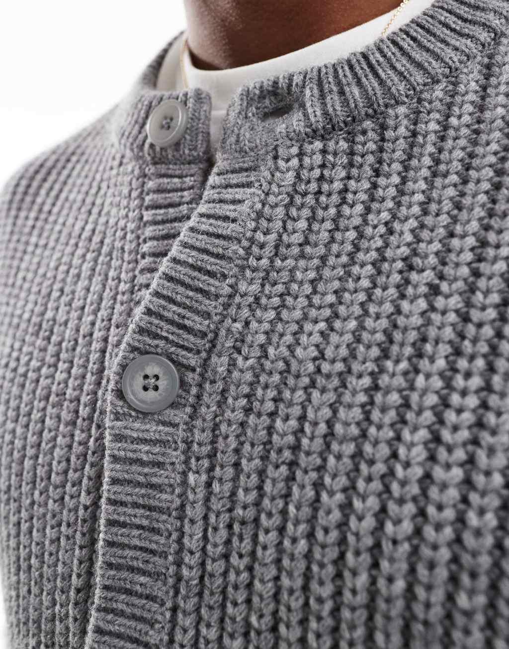 ASOS DESIGN oversized boxy fit heavyweight knitted wool mix crew neck cardigan in light gray heather Product Image