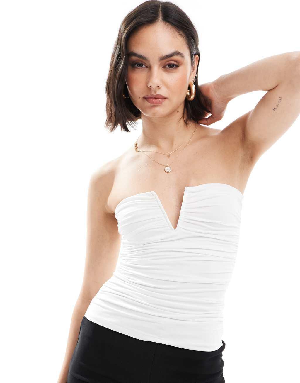 Stradivarius v-neck detail bandeau top in white Product Image