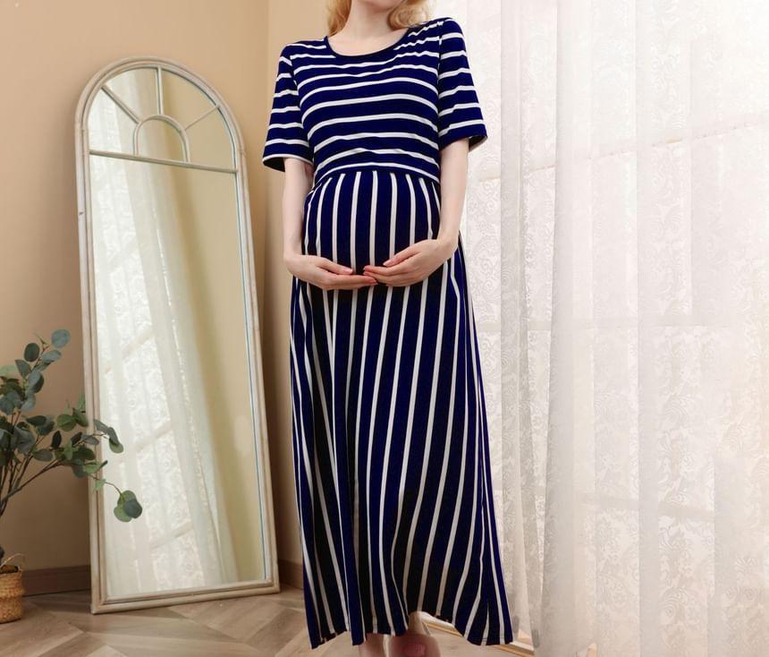 Maternity Long Sleeve Round Neck Striped Nursing Maxi Dress Product Image