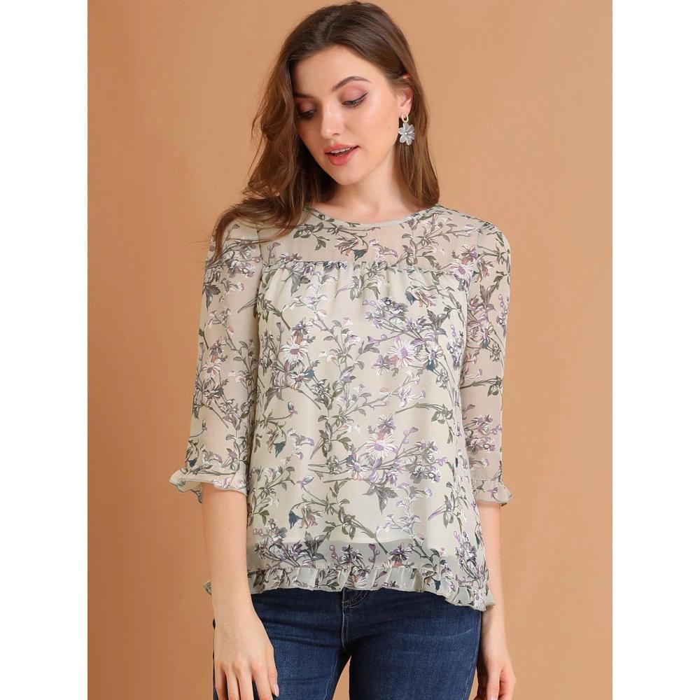 Allegra K Women's Round Neck Ruffle 3/4 Sleeve Floral Print Chiffon Blouse Grey Purple 3X-Large Product Image