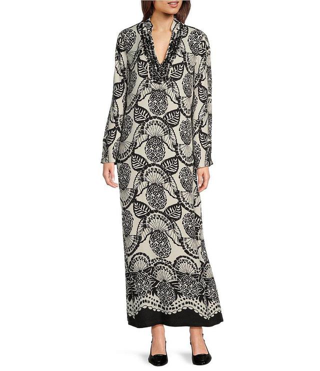 Lilly Pulitzer Irella Texture Rayon Stand Collar Long Length Sleeve Side Slit Hem Maxi Caftan Dress Product Image