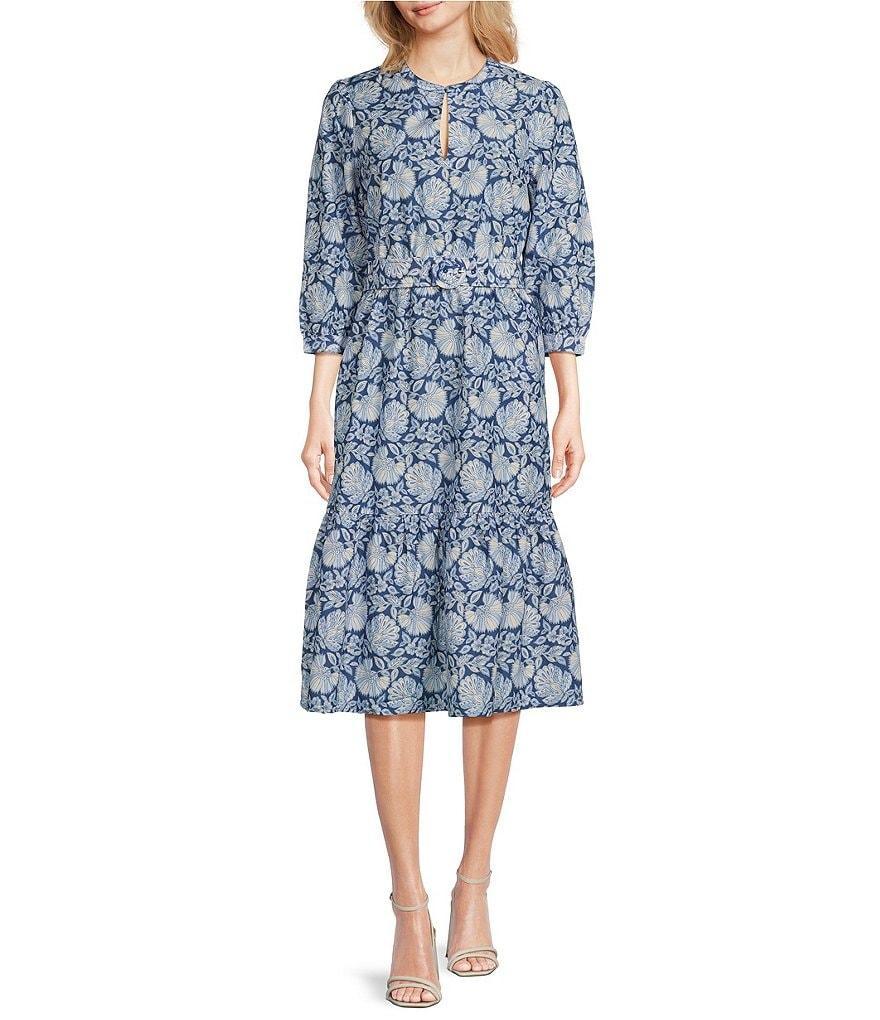 J.McLaughlin Silk Cotton Floral Round Split V-Neck 3/4 Bishop Sleeve Midi Dress Product Image