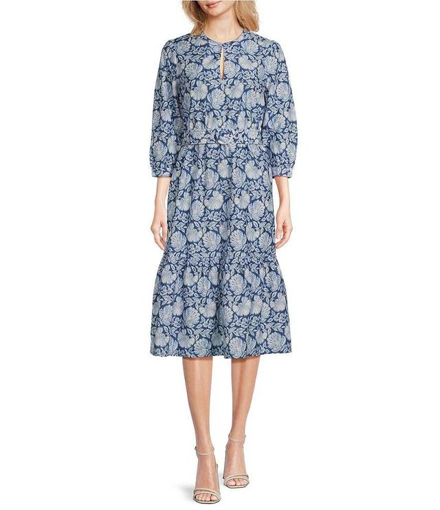 J.McLaughlin Silk Cotton Floral Round Split V-Neck 3/4 Bishop Sleeve Midi Dress Product Image