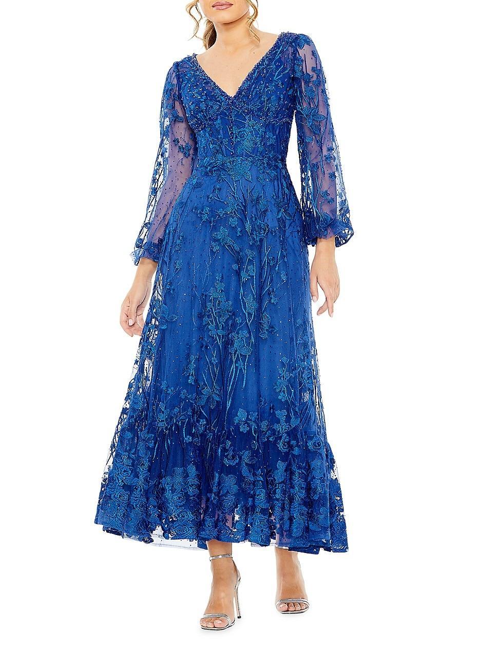 Womens Embroidered Floral Puff-Sleeve Gown Product Image