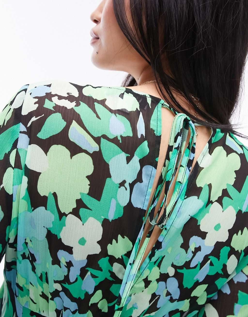 Topshop long sleeve godet mini tea dress in green floral print Product Image