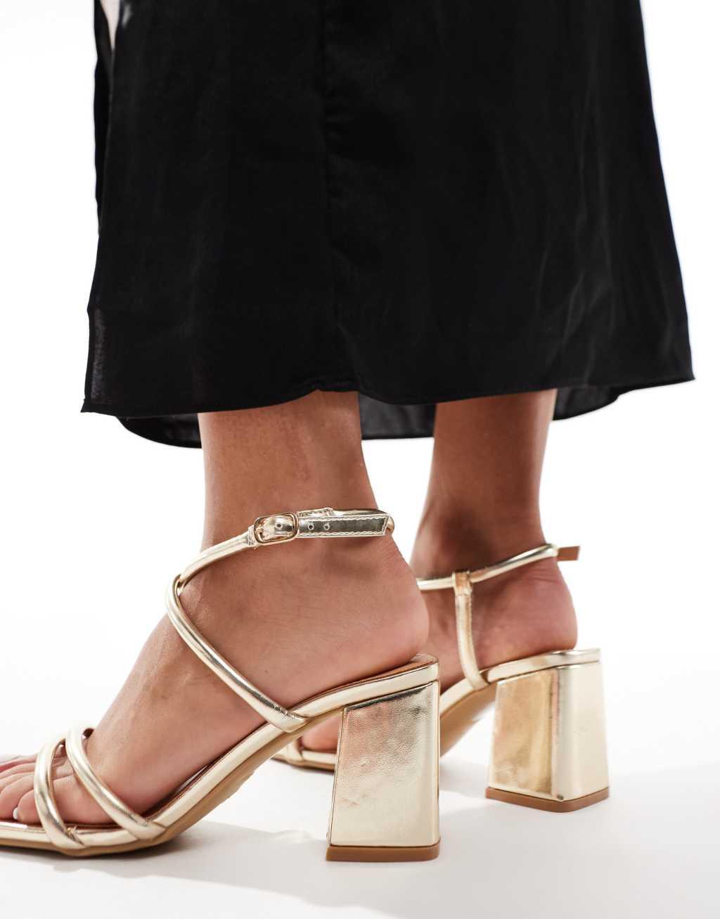 SEQWL Wide Fit mid block heel sandals in gold Product Image