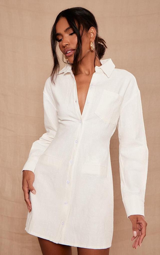 White Fitted Premium Linen Look Shirt Dress Product Image