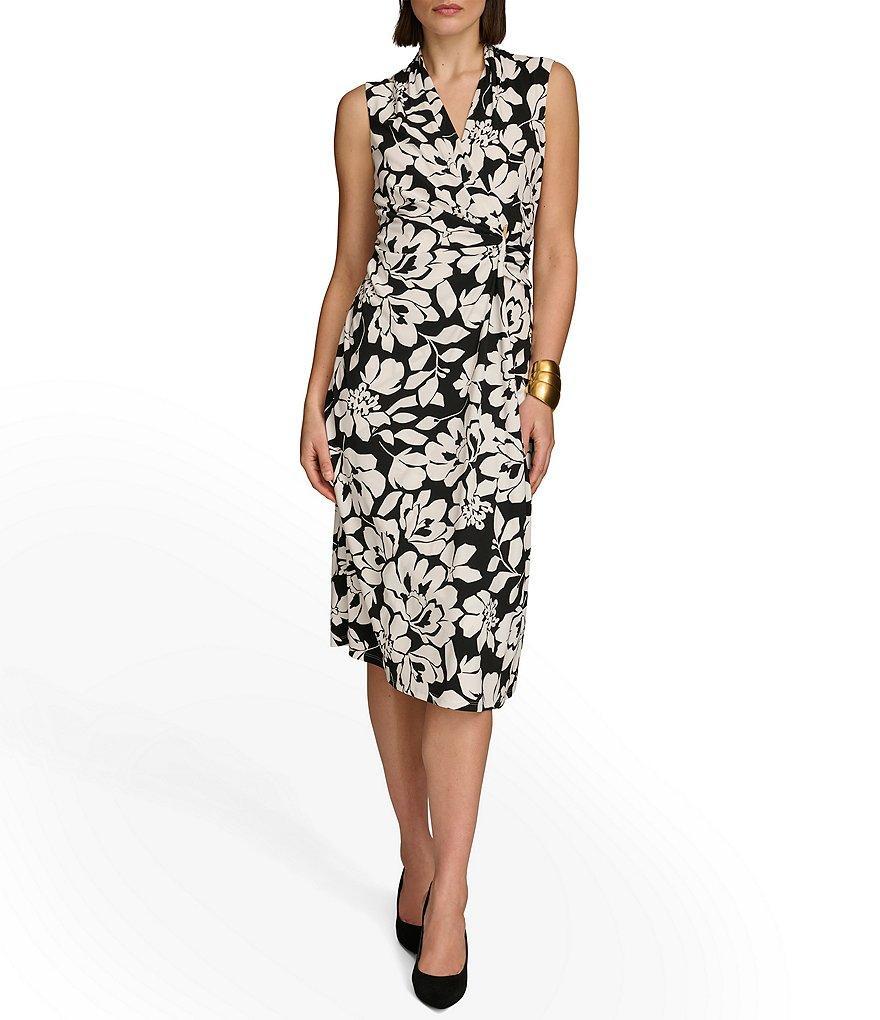 Donna Karan Sleeveless V-Neck Hardware Embellished Floral Print Sheath Dress Product Image