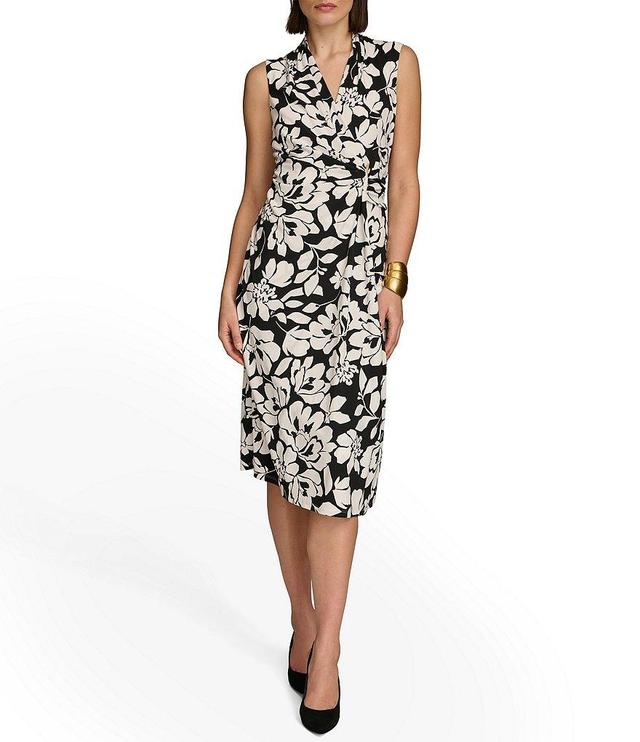 Donna Karan Sleeveless V-Neck Hardware Embellished Floral Print Sheath Dress Product Image