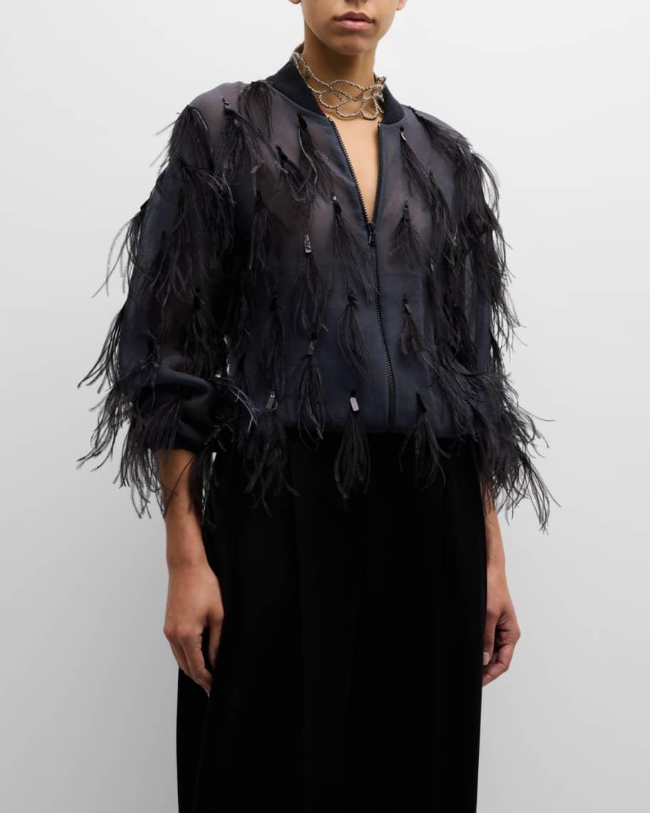 Crispy Silk Organza Bomber Jacket with Feather and Shiny Embroidery Product Image