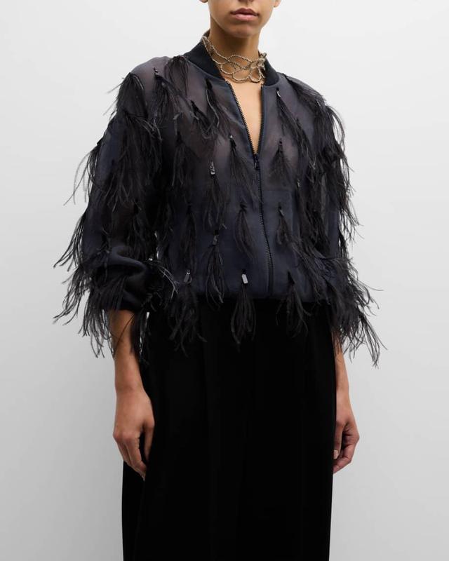 Crispy Silk Organza Bomber Jacket with Feather and Shiny Embroidery Product Image