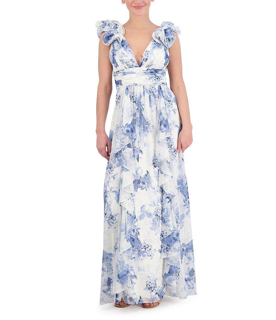 Eliza J Floral Printed Ruffle Shoulder Side Slit V-Neck Gown Product Image