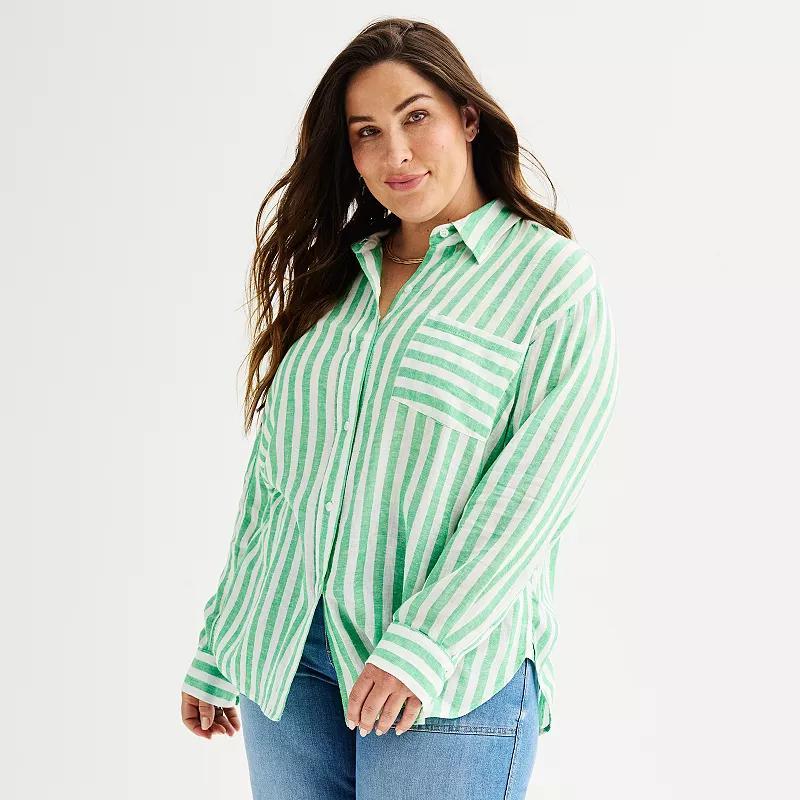 Plus Size Sonoma Goods For Life Oversized Linen-Blend Boyfriend Shirt, Womens Green Green Stripe Product Image