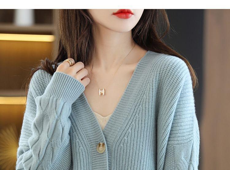 V-Neck Plain Cable Knit Cardigan Product Image