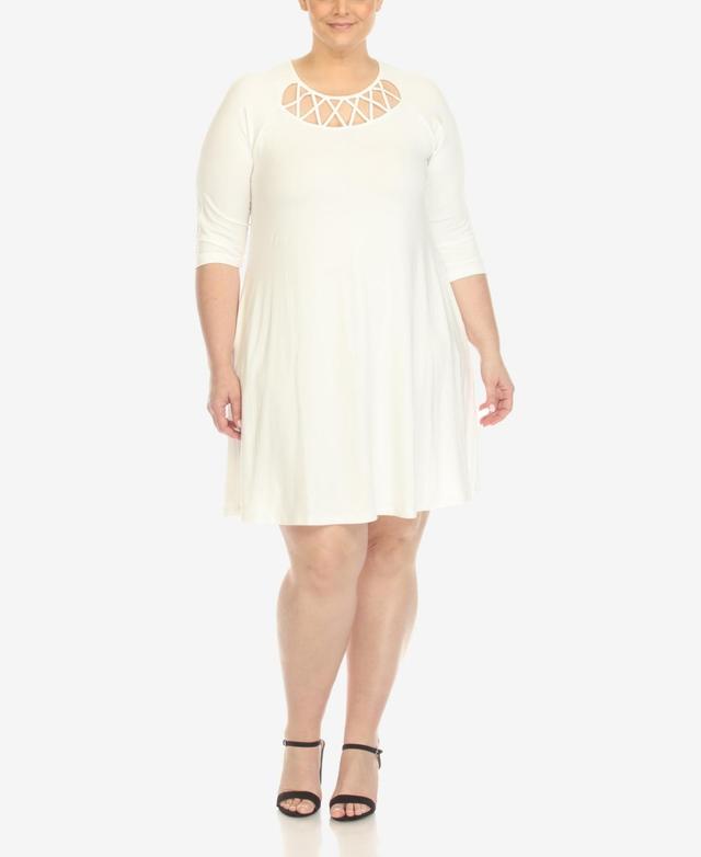 White Mark Plus Size Criss Cross Neckline 3/4 Sleeve Swing Dress Product Image