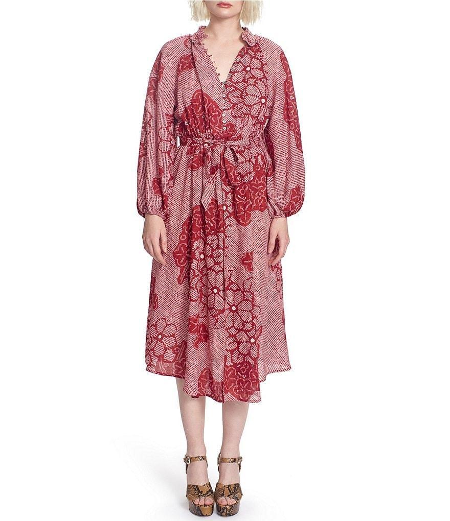 COREY LYNN CALTER Gaia Woven Floral Print Johnny Collar Button Down Long Sleeve Tie Waist Midi Dress Product Image