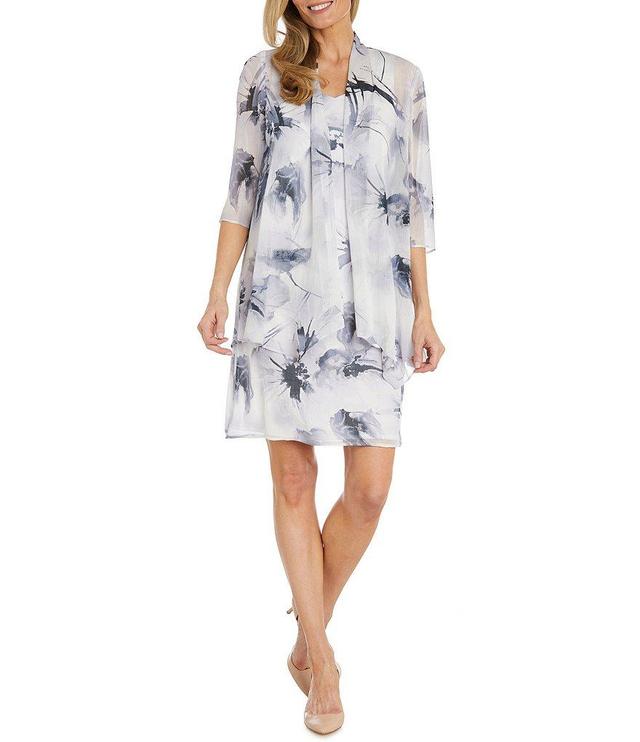 R & M Richards Floral Chiffon 3/4 Sleeve Crew Neck 2-Piece Jacket Dress Product Image