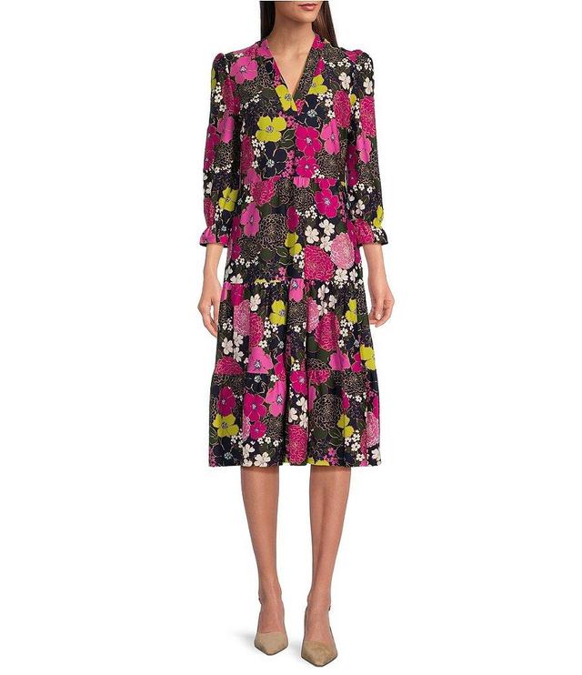 Jude Connally Maggie Autumn Blooms Print Jude Cloth Stretch Knit Split V-Neck A-Line Tiered Dress Product Image