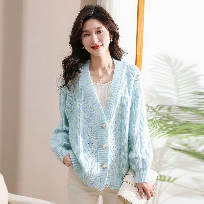 V-Neck Faux Pearl Button Cable-Knit Cardigan Product Image