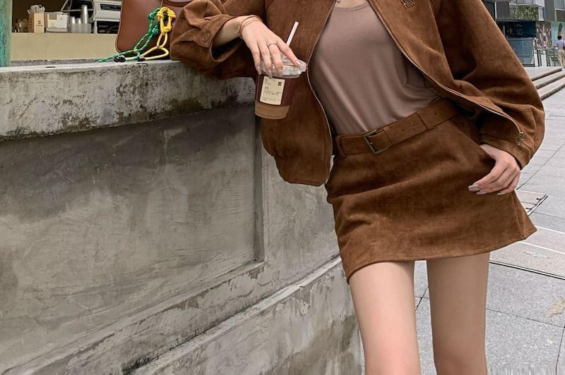 Stand Collar Plain Zip-Up Faux Suede Jacket / High Rise Mini Pencil Skirt / Belt / Set Product Image