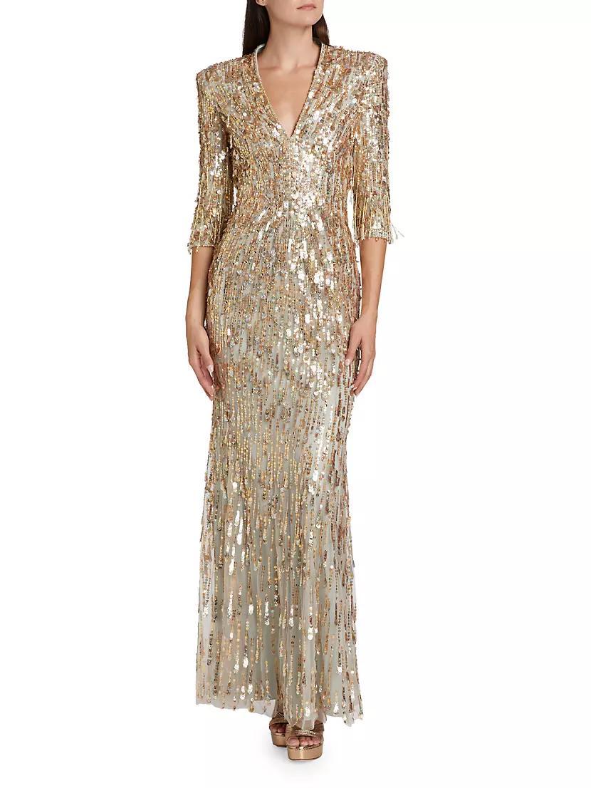 Oscar Sequined V-neck Sheath Gown Product Image