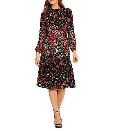 Maggy London Floral Print Ruffled Crew Neck Long Sleeve Midi Dress Product Image