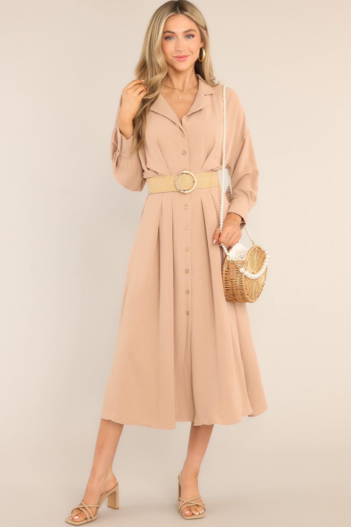 Cherish Now Beige Button Front Midi Dress Product Image