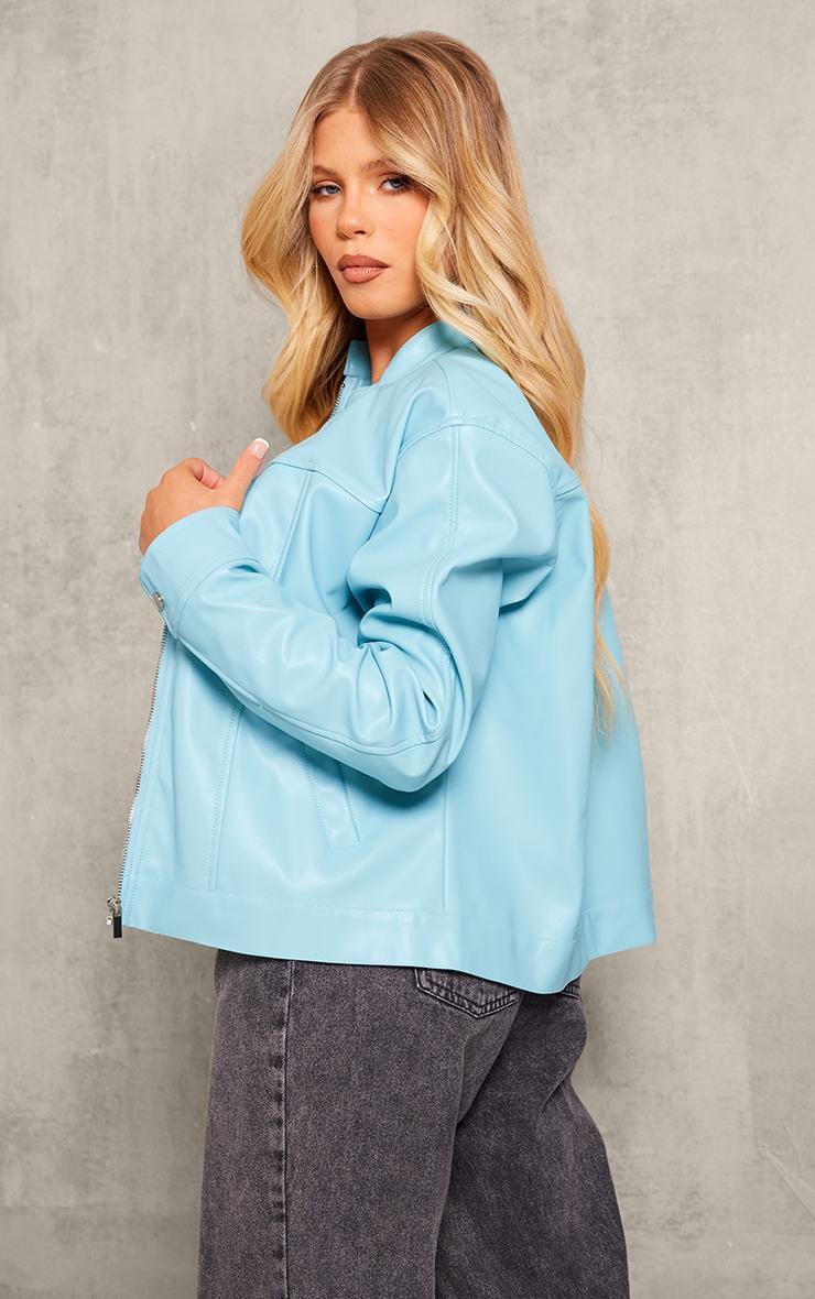 Light Blue Faux Leather Minimalist Racer Jacket Product Image