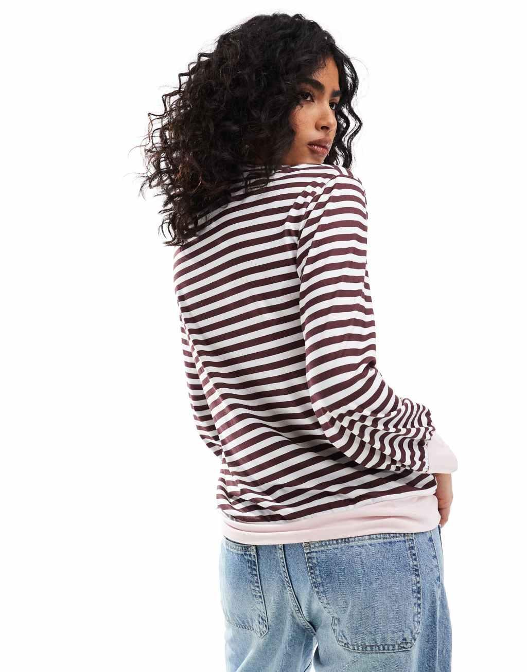 ASOS DESIGN long sleeve stripe top with contrast cuffs and neckband in brown Product Image