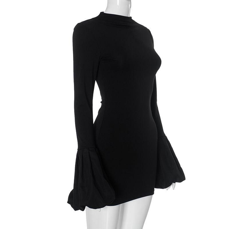 Flare-Sleeve Crewneck Plain Mini Bodycon Dress Product Image