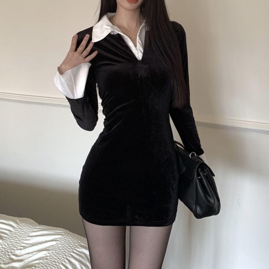 Mock Two-Piece Long-Sleeve Collar Two Tone Velvet Mini Sheath Dress Product Image