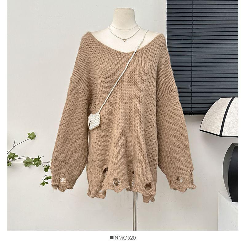 Oversized Distressed V-Neck Sweater in 6 Colors Product Image