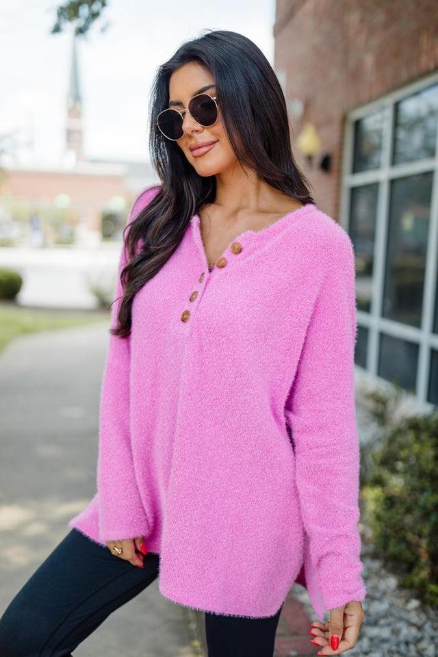 Thinking Of You Hot Pink Fuzzy Henley Sweater Product Image